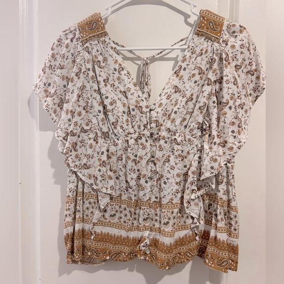In Loom Boho Button Up Ruffled Short Sleeve Floral and Paisley Top - Picture 1 of 3